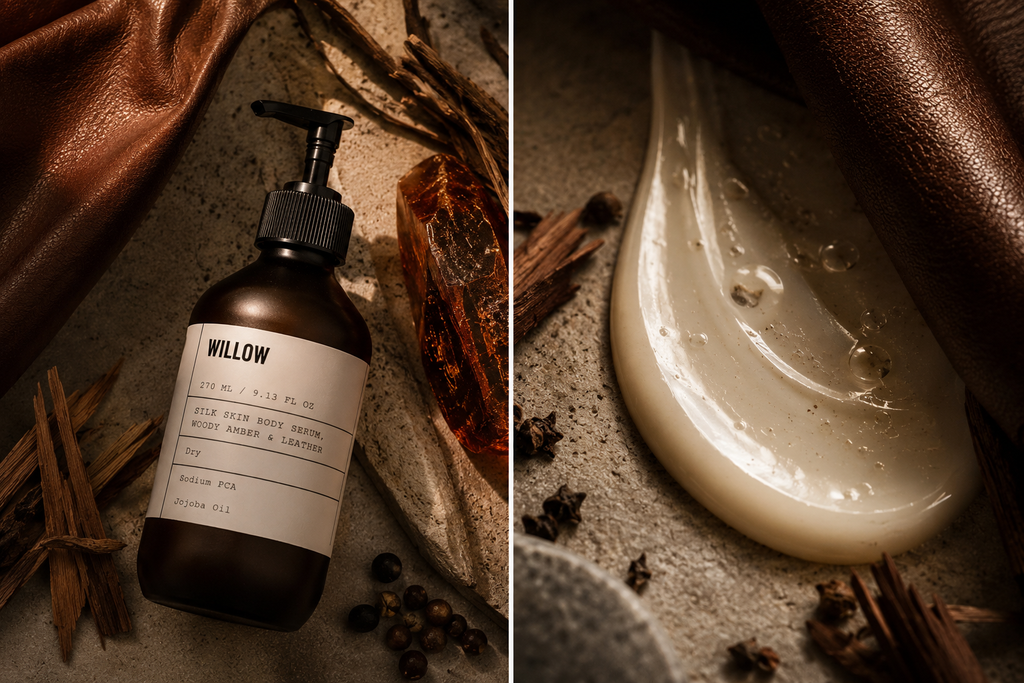 Willow Woody Amber and Leather Body Serum surrounded by sandalwood, amber resin, leather accents, and moisturizing body care ingredients.