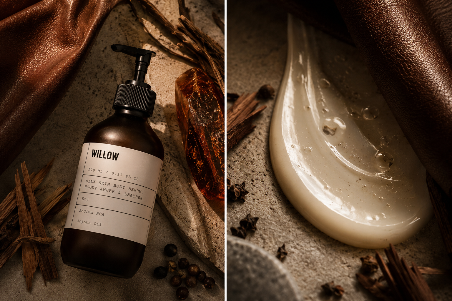 Willow Woody Amber and Leather Body Serum surrounded by sandalwood, amber resin, leather accents, and moisturizing body care ingredients.