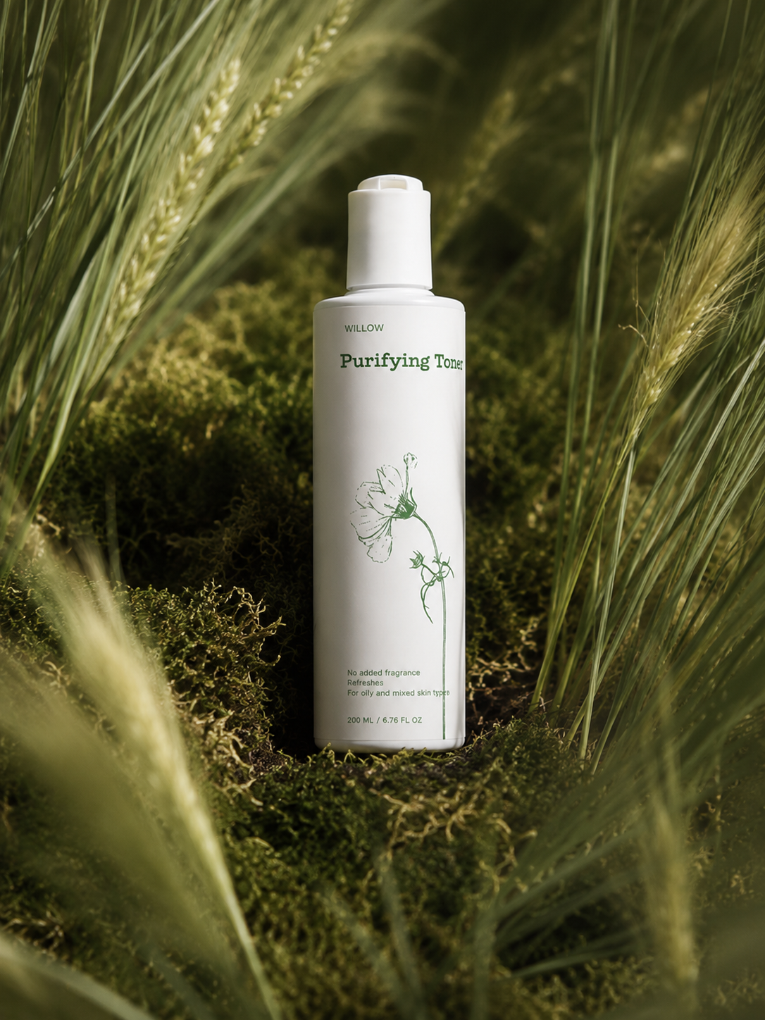 Botanical leaves, fresh herbs, and crystal-clear toner texture representing natural ingredients used in Willow Purifying Toner.