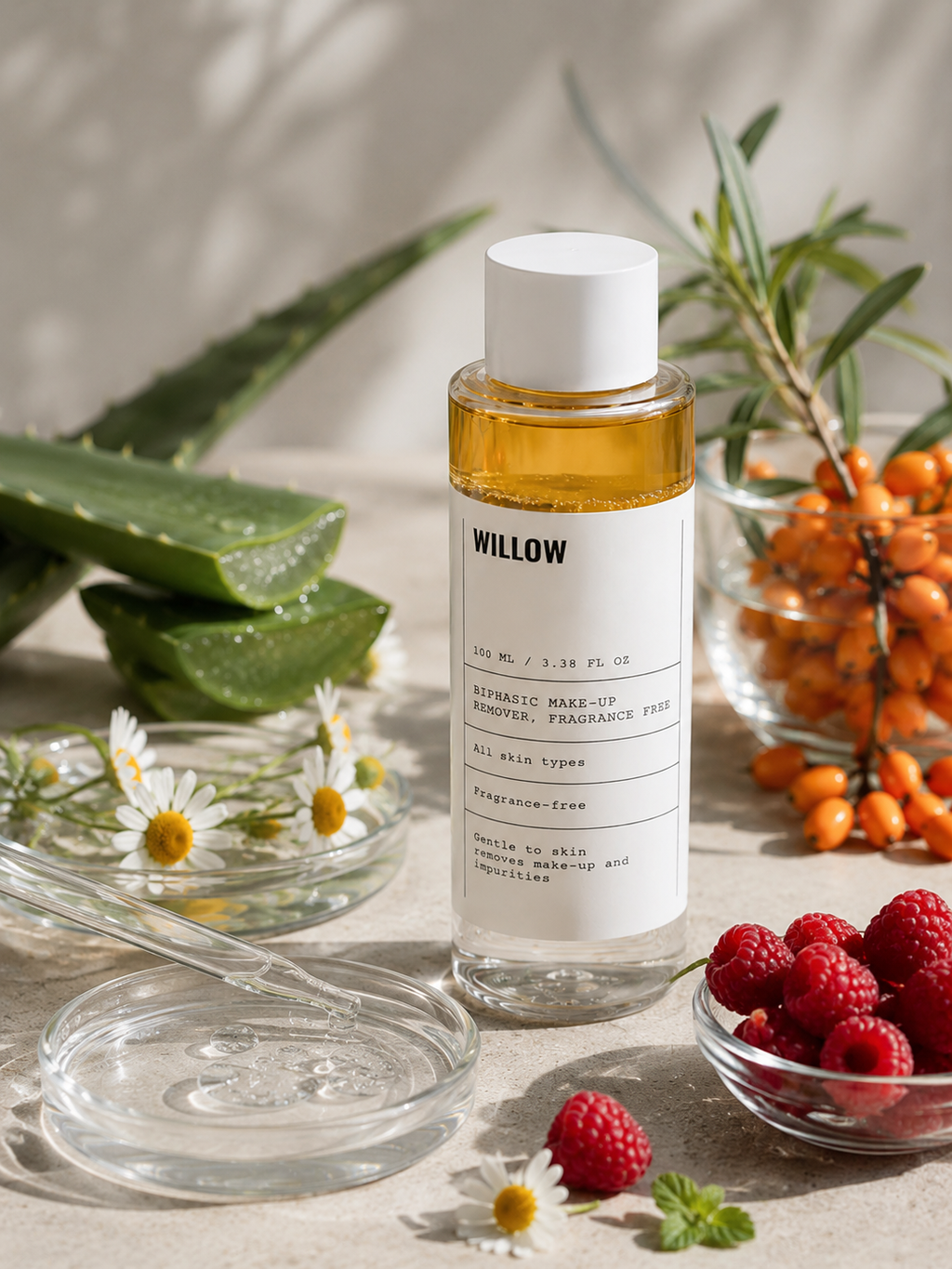 Willow biphasic make-up remover, fragrance free, for effective removal of makeup without irritation.