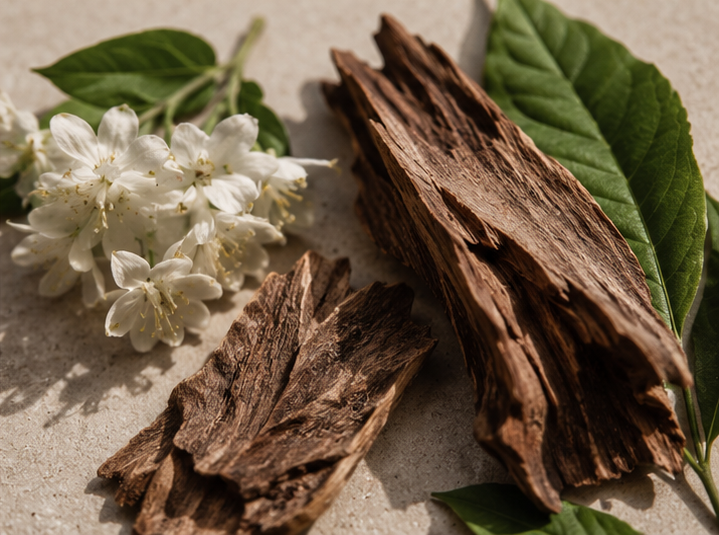 Dried roots with white flowers and green leaves on a light background. Its lightweight lather refreshes the scalp and strands without stripping essential moisture, leaving hair feeling clean, smooth, airy, and naturally voluminous after every wash. Perfect for fine, flat, or weakened hair in need of softness and movement.