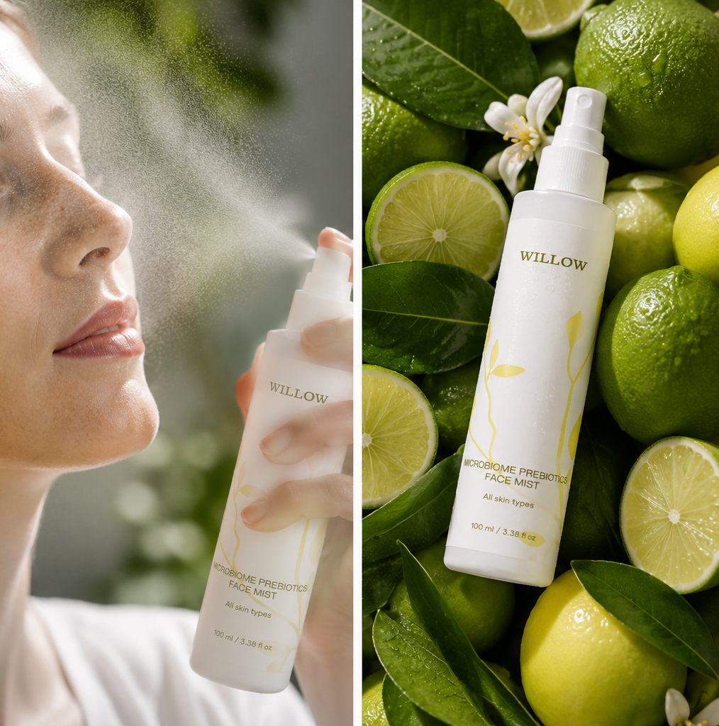 Willow microbiome prebiotics face mist in a spray bottle for lightweight hydration and skin balance.