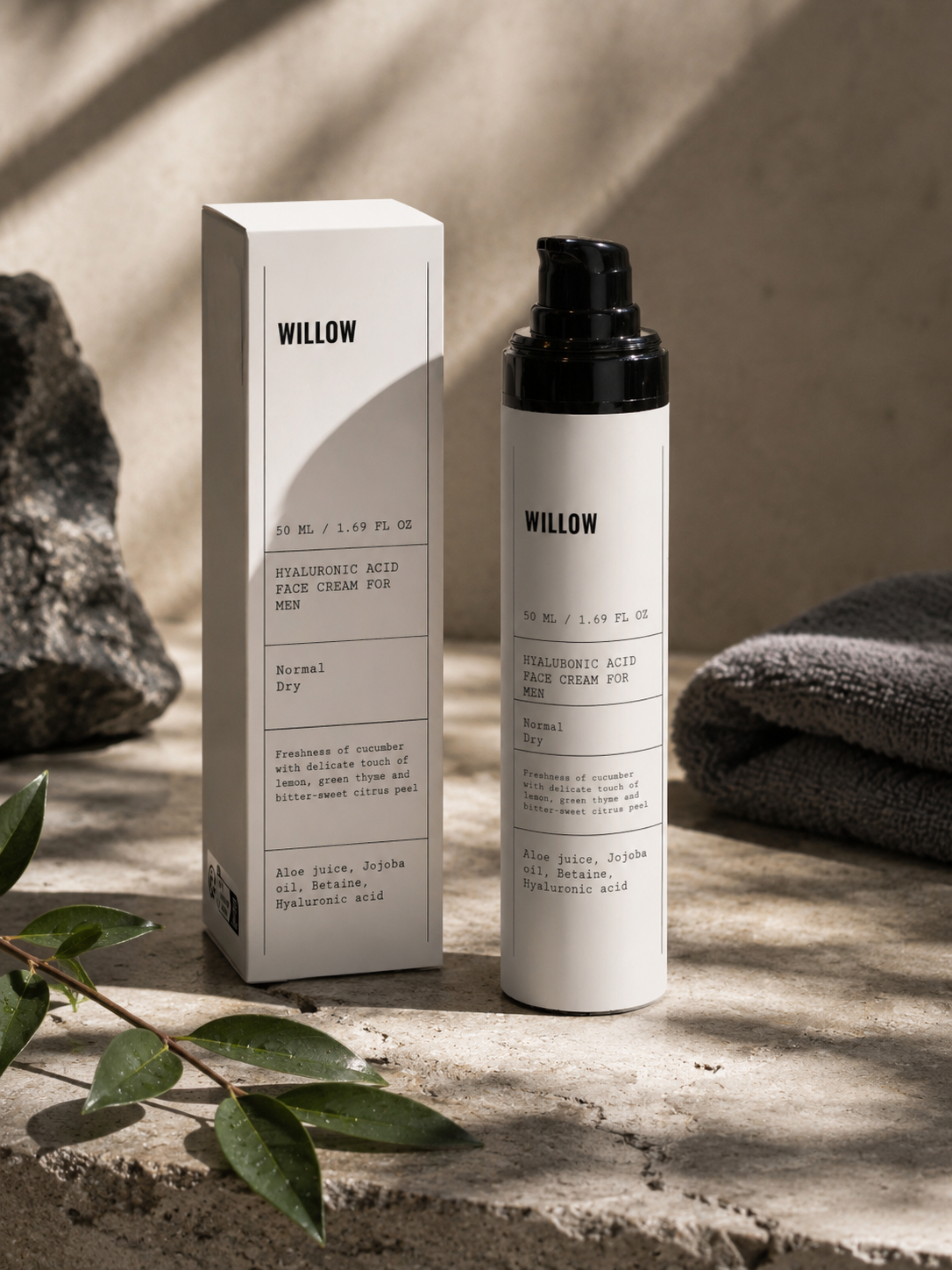 Hyaluronic Acid Face Cream for Men by Willow in a sleek moisturizer jar, designed to hydrate, smooth, and support healthy-looking skin